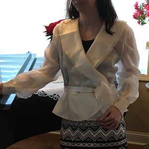 Vintage white holiday sheer blouse, rosette clasp